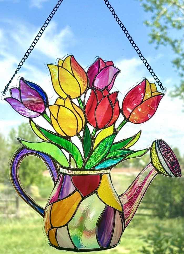Tulips in Watering Can Sun Hanging