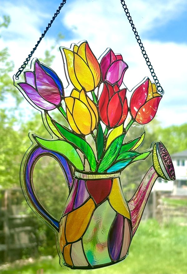 Tulips in Watering Can Sun Hanging