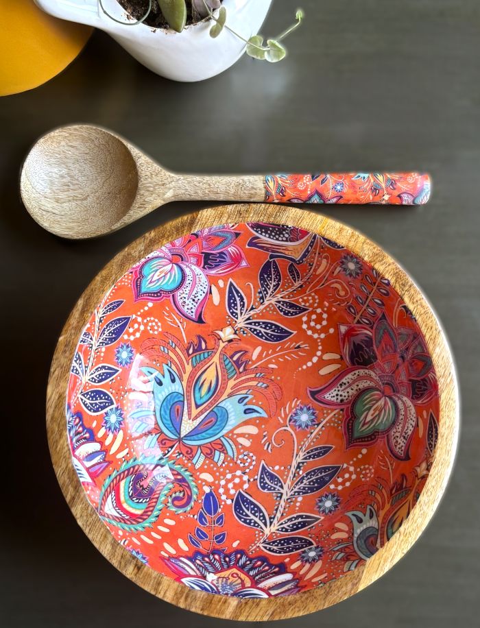 Artisanal Serving Bowl Set - Orange Bohemian Floral