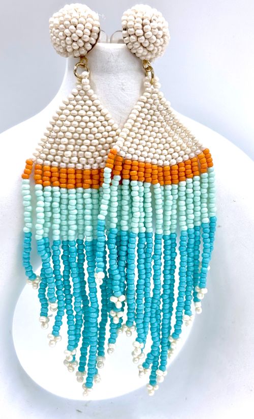 Orange Turquoise Gradient Hand Beaded Tassel Earrings