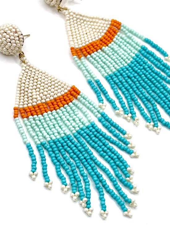 Orange Turquoise Gradient Hand Beaded Tassel Earrings
