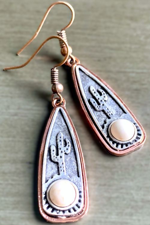 Silver and Copper Turquoise Bead Cactus Earrings