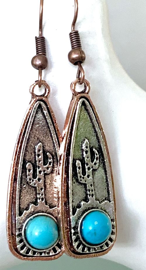 Silver and Copper Turquoise Bead Cactus Earrings