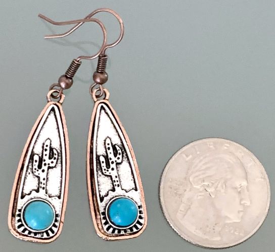 Silver and Copper Turquoise Bead Cactus Earrings
