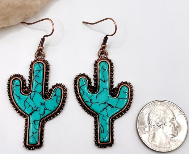 Turquoise Beaded Copper Tone Cactus Earrings
