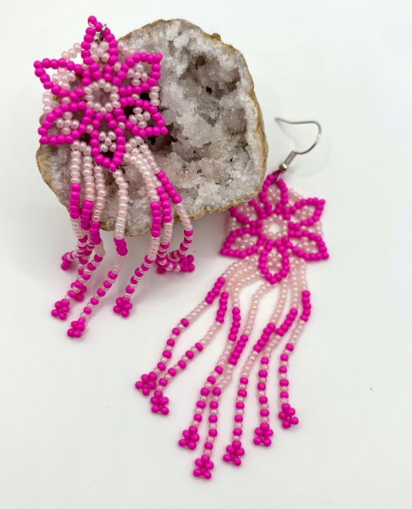 Pink Flower Tassel Hand Beaded Earrings