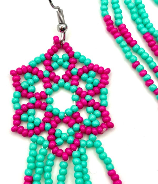 Pink and Teal Flower Tassel Hand Beaded Earrings