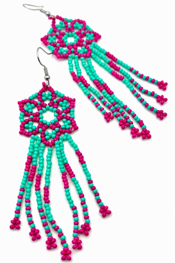 Pink and Teal Flower Tassel Hand Beaded Earrings