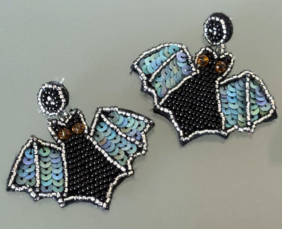 Hand Beaded & Sequined Flying Bat Halloween Earrings