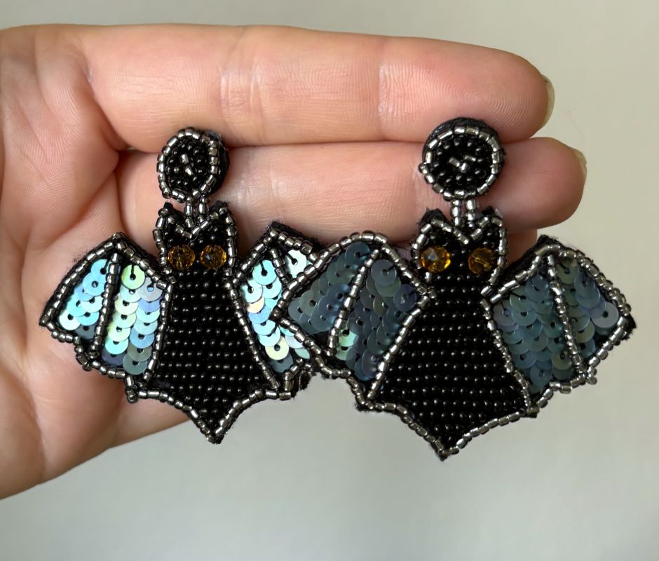 Hand Beaded & Sequined Flying Bat Halloween Earrings