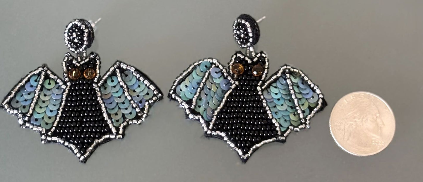 Hand Beaded & Sequined Flying Bat Halloween Earrings