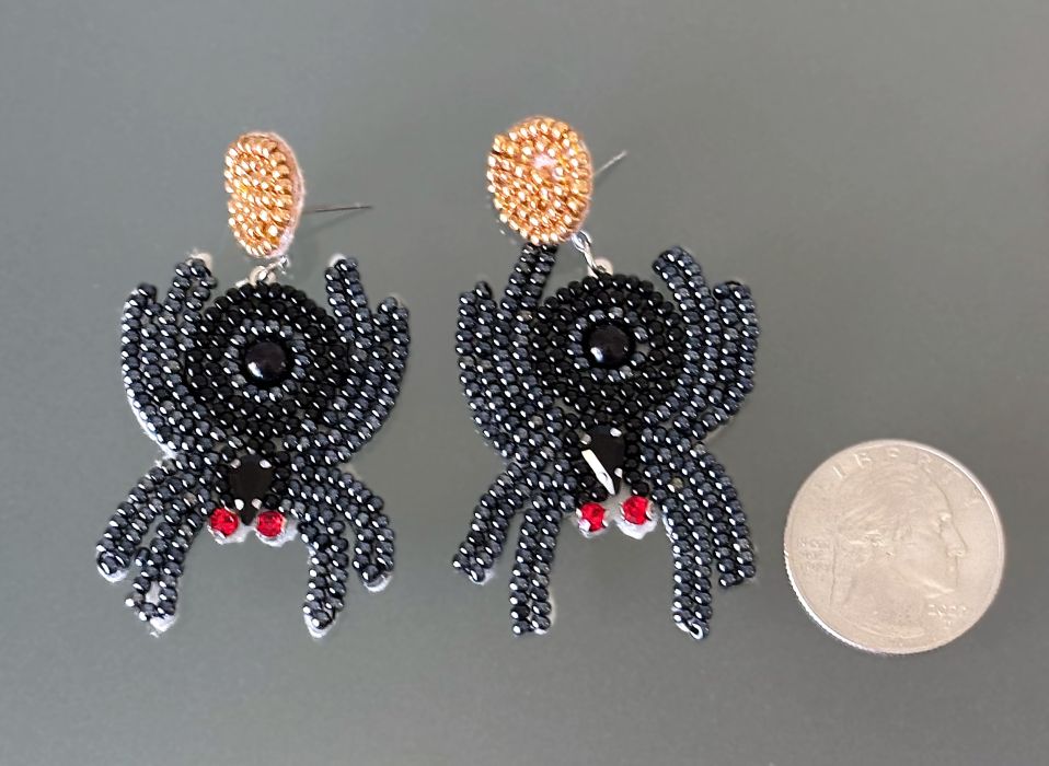 Hand Beaded Black Spider Halloween Earrings