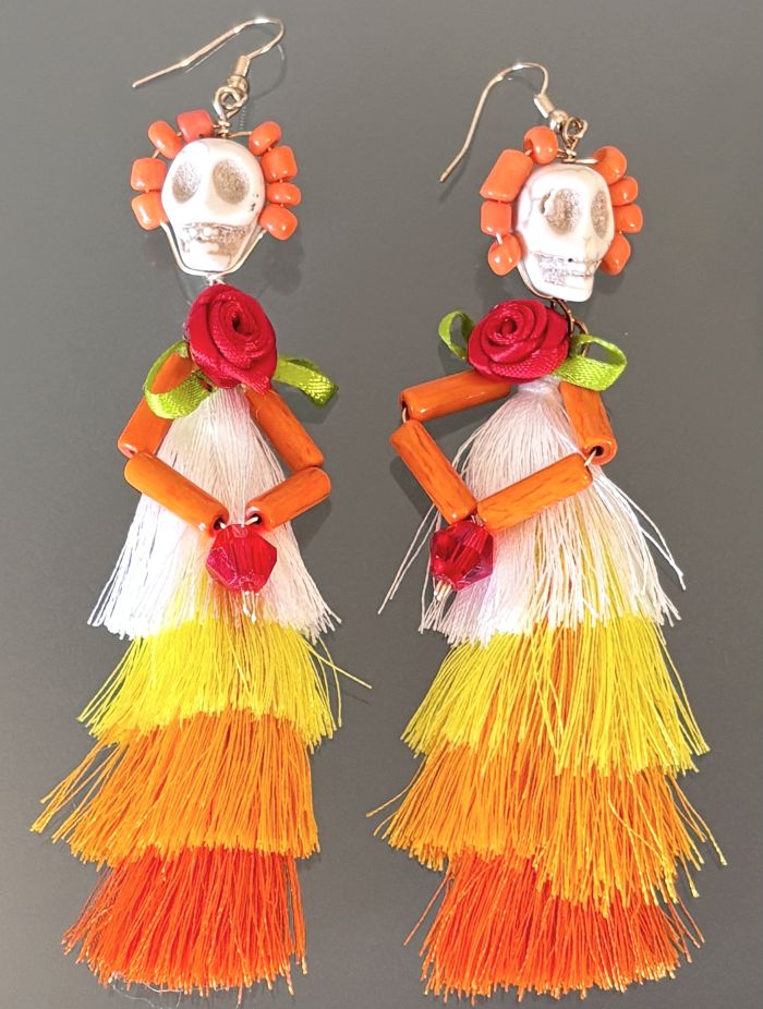 Dia de los Muertos Red Rose Tassel Skeleton Halloween Earrings