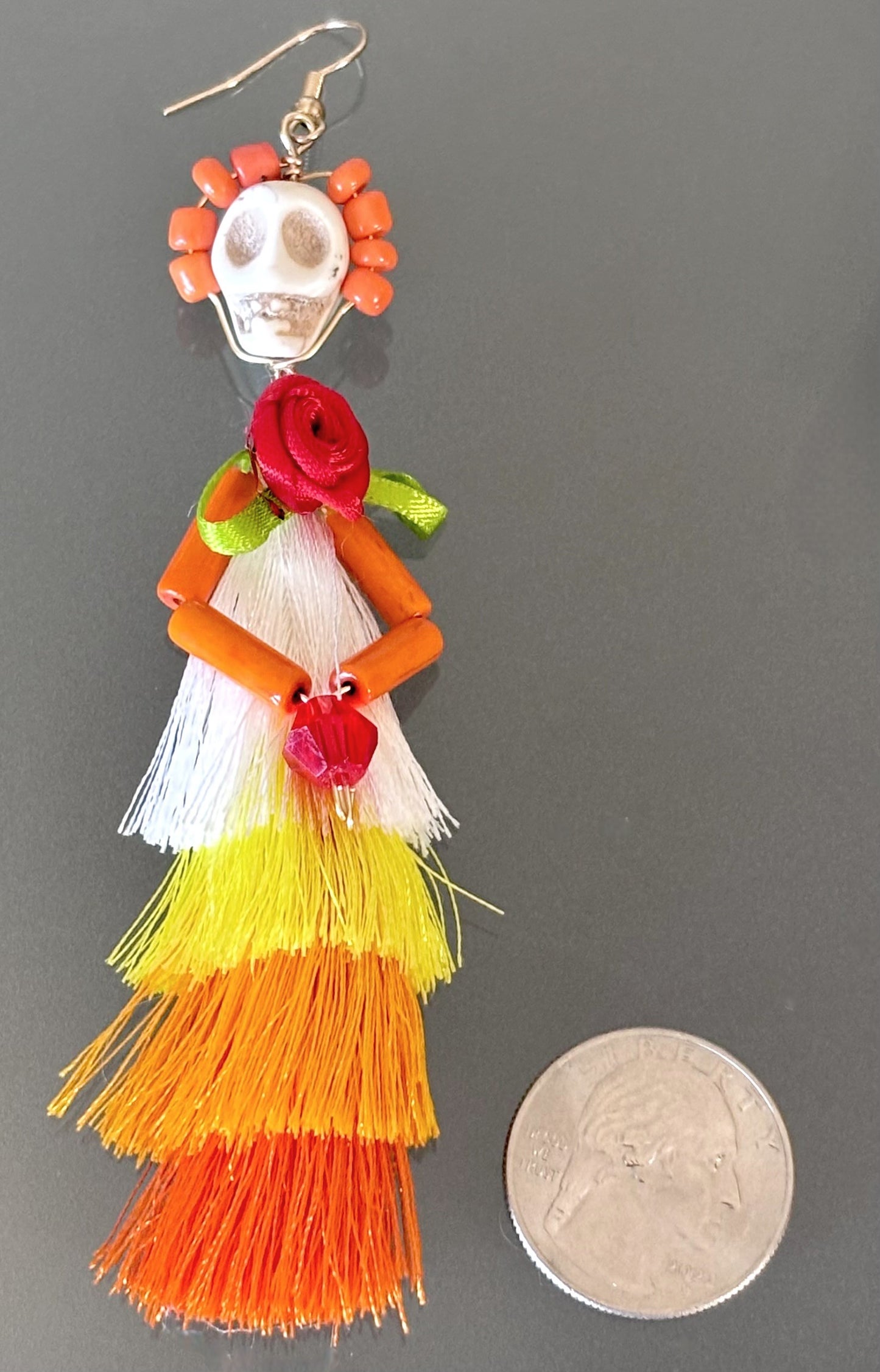 Dia de los Muertos Red Rose Tassel Skeleton Halloween Earrings
