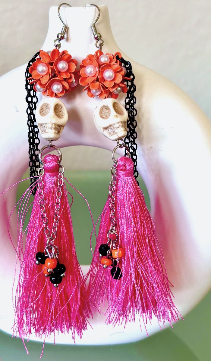 Dia de los Muertos Pink Tassel Skeleton Halloween Earrings