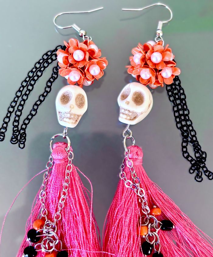 Dia de los Muertos Pink Tassel Skeleton Halloween Earrings