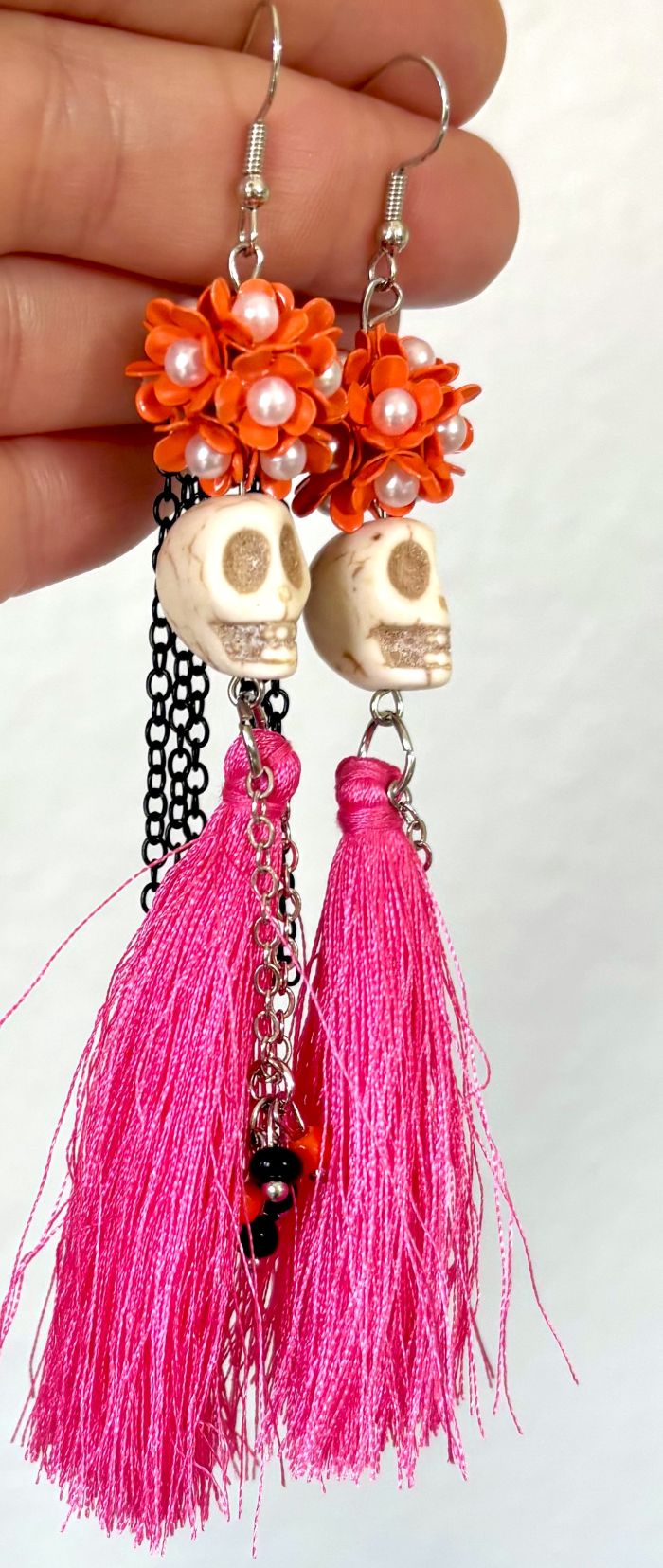 Dia de los Muertos Pink Tassel Skeleton Halloween Earrings