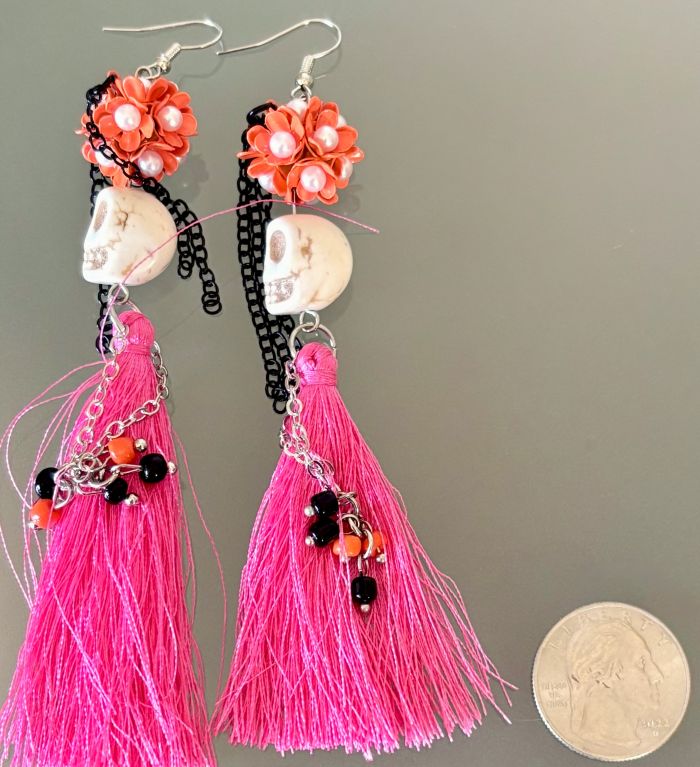 Dia de los Muertos Pink Tassel Skeleton Halloween Earrings