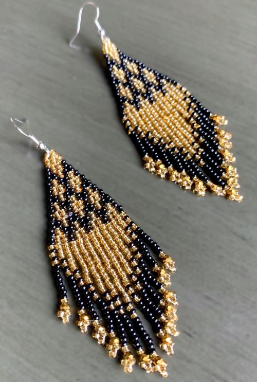 Elegant Gold and Black Hand Beaded Earrings