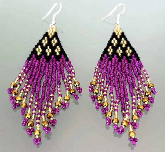 Elegant Purple, Black and Gold Hand Beaded Earrings