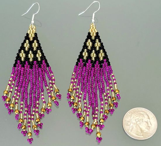 Elegant Purple, Black and Gold Hand Beaded Earrings