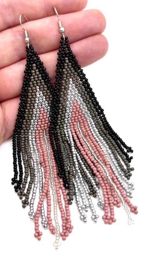 Elegant Black/Silver/Pink Gradient Hand Beaded Earrings