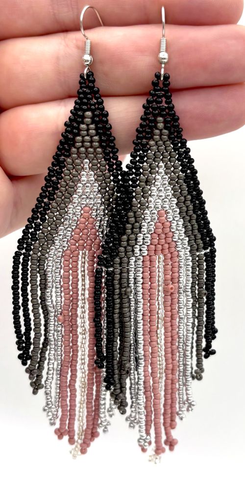 Elegant Black/Silver/Pink Gradient Hand Beaded Earrings