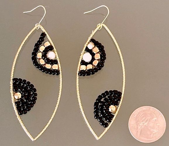 Elegant Black and Gold Beaded Ellipse Earrings
