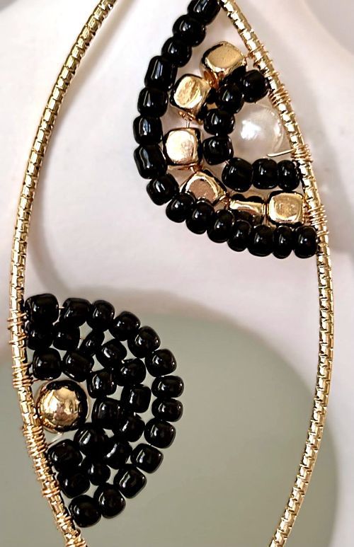 Elegant Black and Gold Beaded Ellipse Earrings