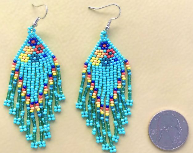 Teal Multicolor Flowers Hand Beaded Earrings