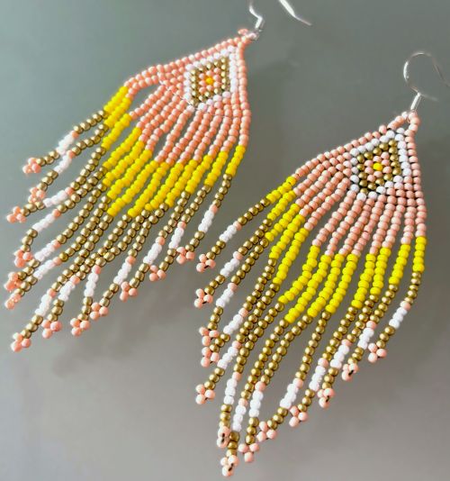 Southwestern Pink/Yellow/Gold Diamond Hand Beaded Earrings