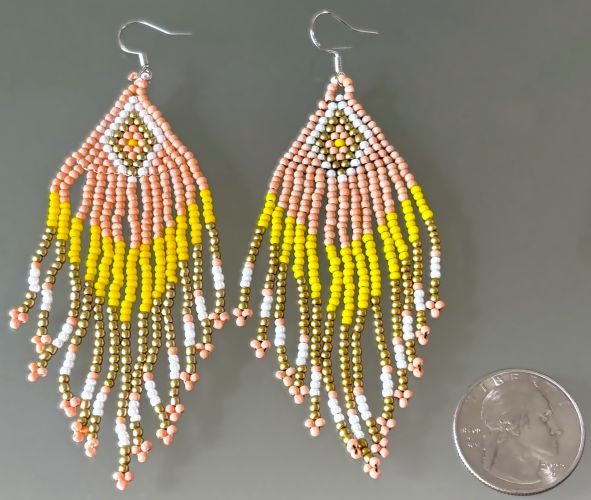 Southwestern Pink/Yellow/Gold Diamond Hand Beaded Earrings