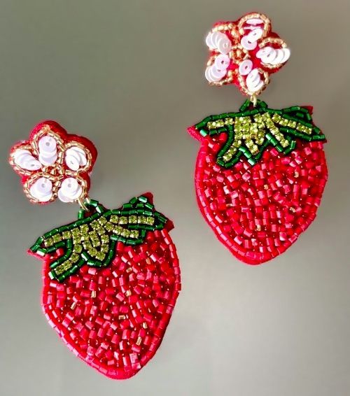 Hand Beaded Strawberry Flower Earrings