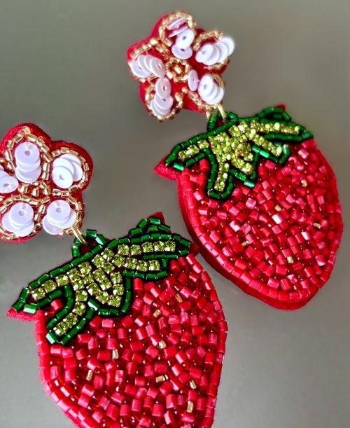 Hand Beaded Strawberry Flower Earrings