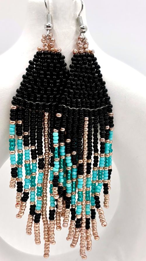 Southwestern Black/Teal/Copper Hand Beaded Earrings