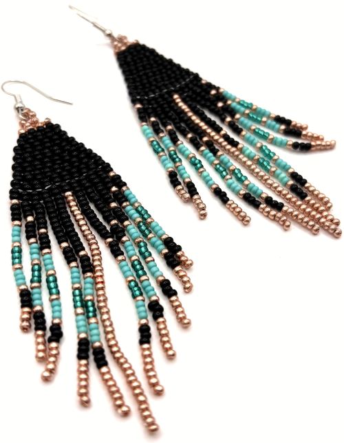 Southwestern Black/Teal/Copper Hand Beaded Earrings