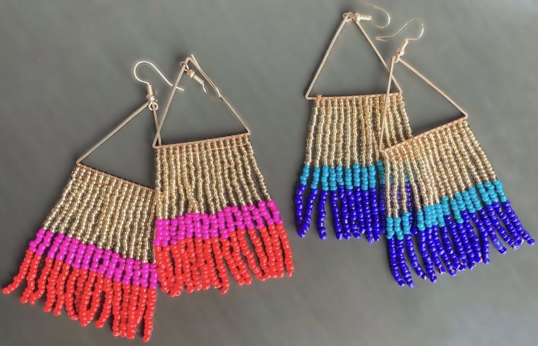 Tri-color Triangle Hand Beaded Earrings