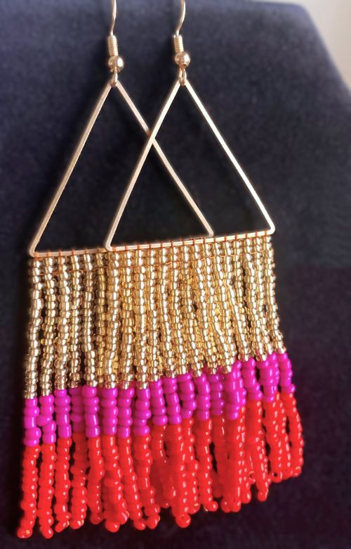 Tri-color Triangle Hand Beaded Earrings