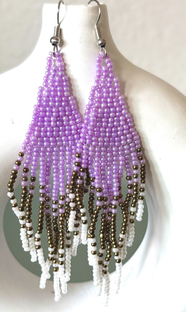 Lavender, Gold, White Gradient Hand Beaded Earrings