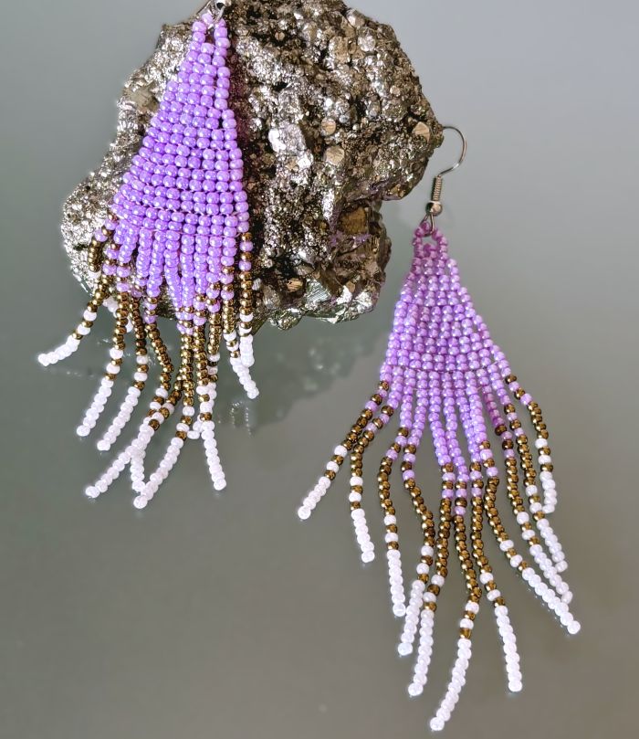 Lavender, Gold, White Gradient Hand Beaded Earrings