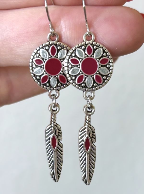 Southwestern Antiqued Silver Feather Dream Catcher Earrings