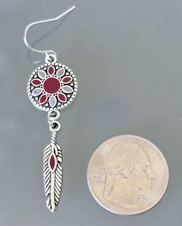 Southwestern Antiqued Silver Feather Dream Catcher Earrings