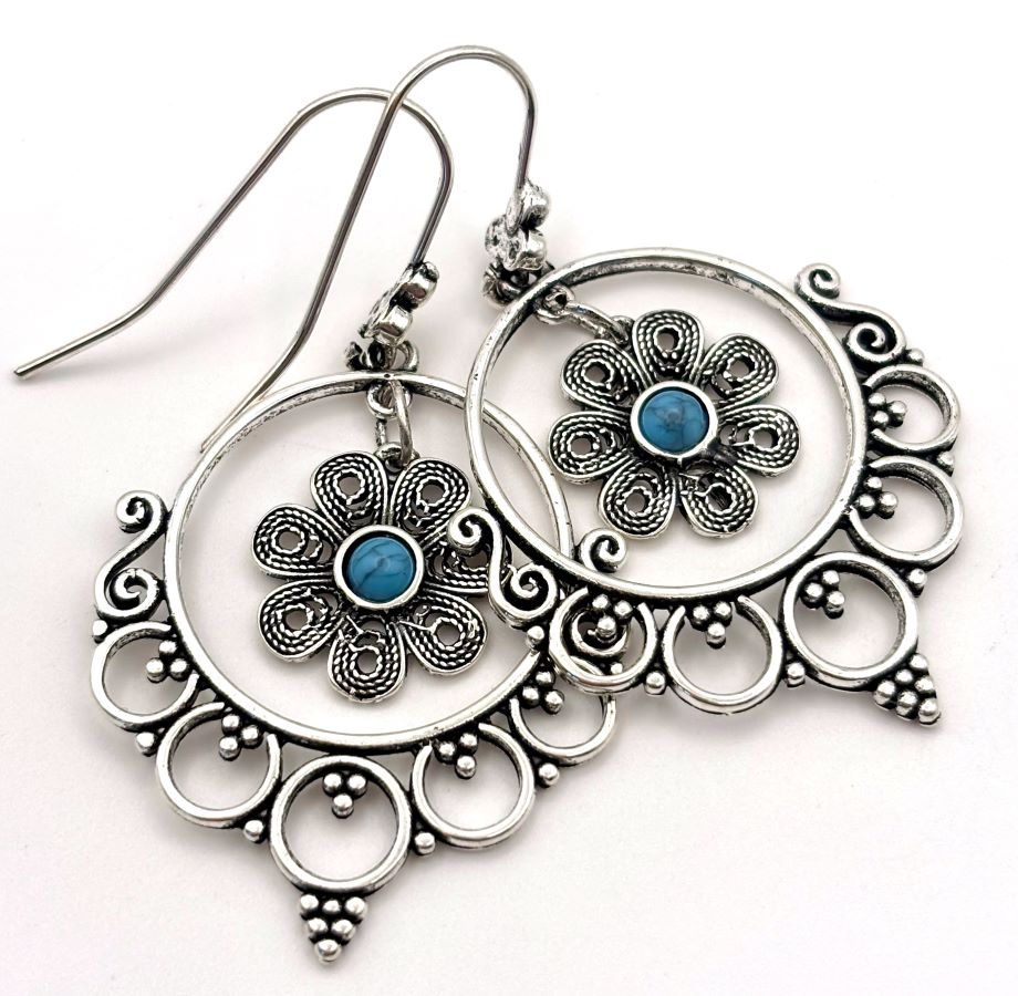 Silver Flower Charm in Hoop Earrings