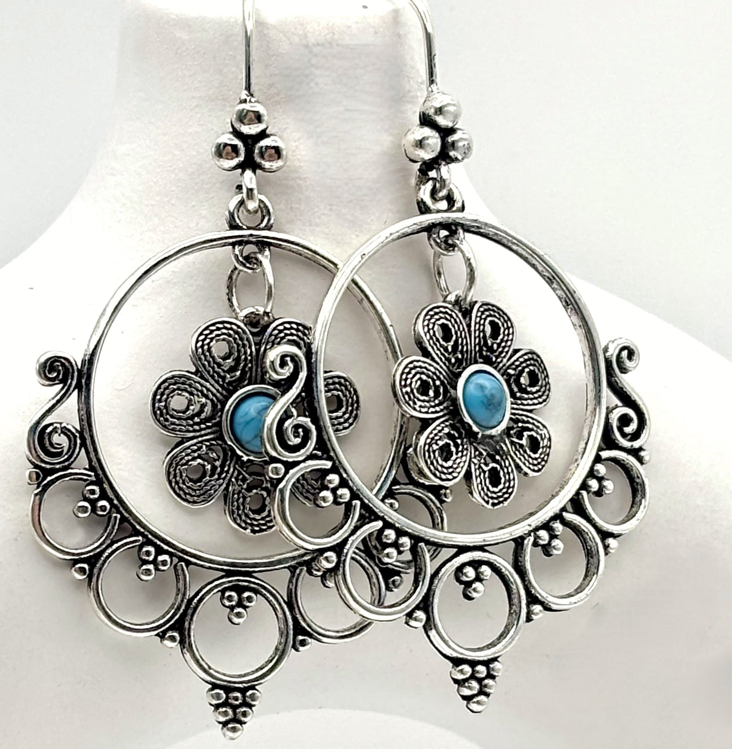 Silver Flower Charm in Hoop Earrings
