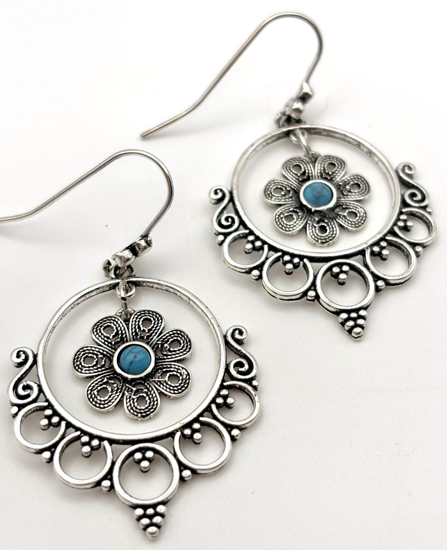 Silver Flower Charm in Hoop Earrings