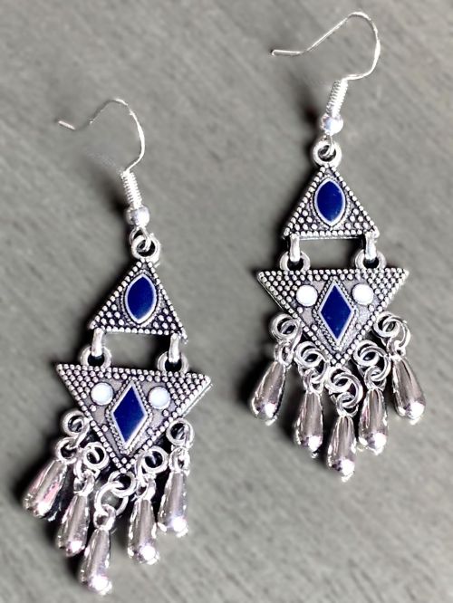 Southwestern Geometric Blue Silver Tasseled Earrings