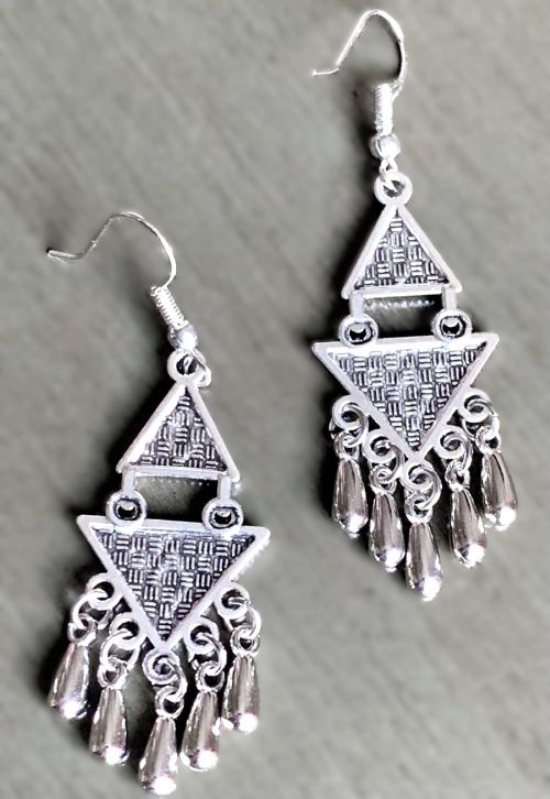 Southwestern Geometric Blue Silver Tasseled Earrings