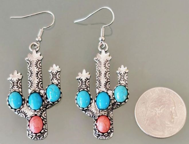 Rustic Orange and Turquoise Beaded Cactus Earrings