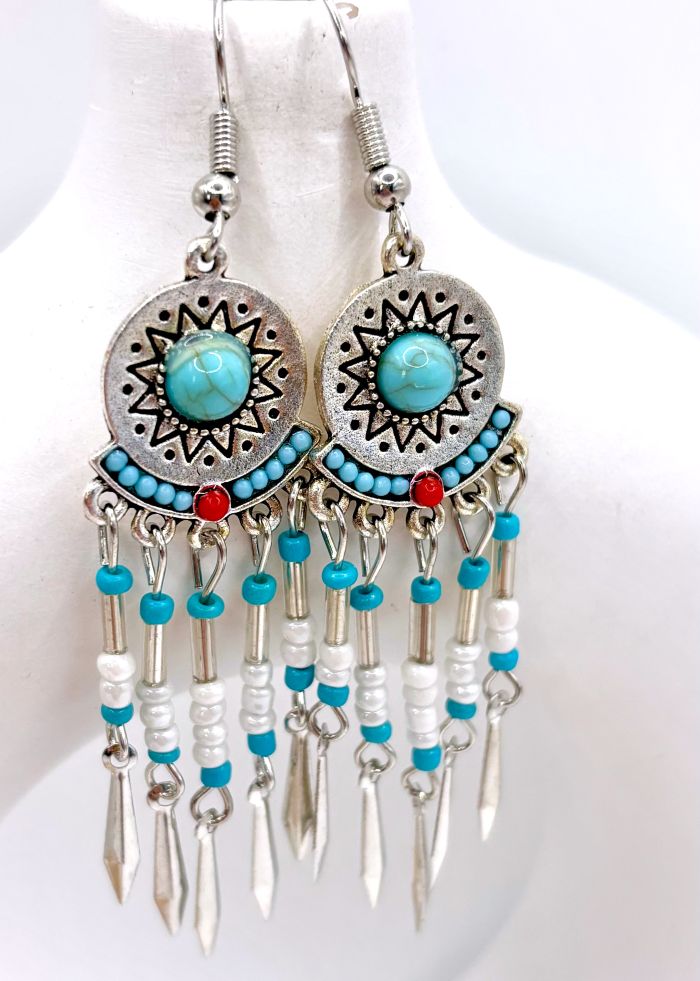 Southwestern Red and Turquoise Beaded Tassel Earrings