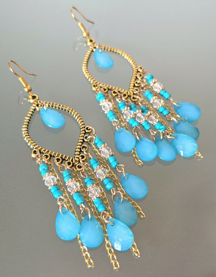 Ocean Blue Beaded Tassel Earrings